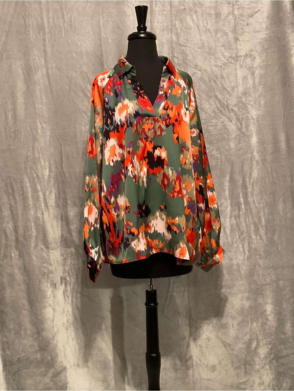 Abstract Floral V-Neck Blouse - Green & Orange